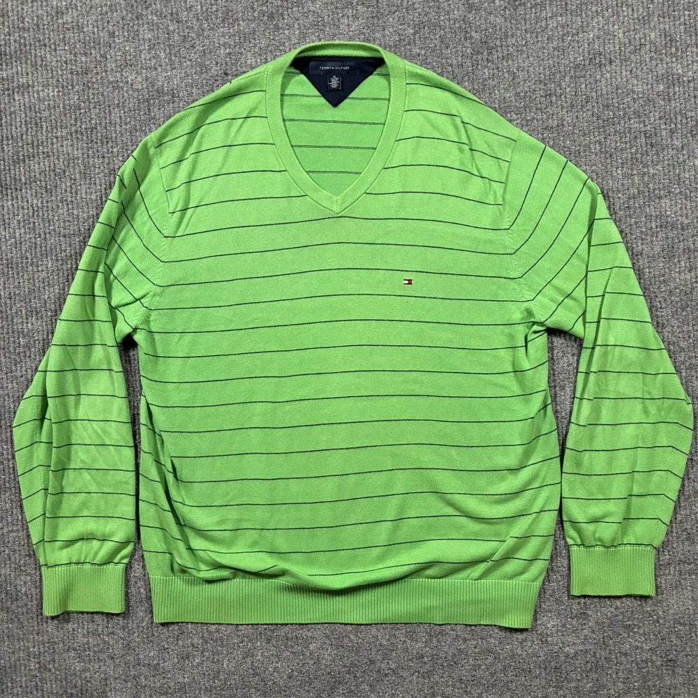 Tommy Hilfiger Sweater Men's XL Green Striped V-Neck Cotton Pullover‎ Preppy